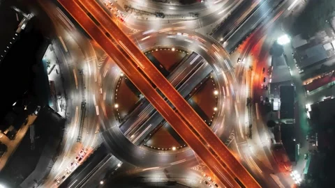 Drone Time Lapse Of Night Highway Below Video stock 212476328