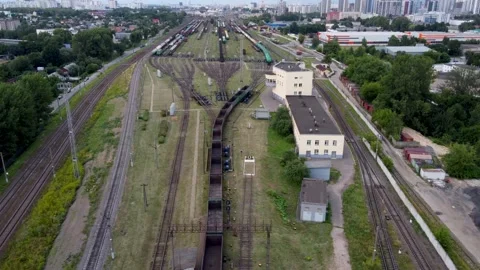 Drone timelaps view of train railway sorting station, carriages going downhill Stock Footage 231165040