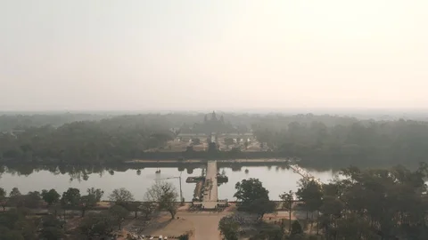 Drone Timelapse Angkor Wat Temple in Cambodia sunrise fog drone flight Stock Footage 118545704
