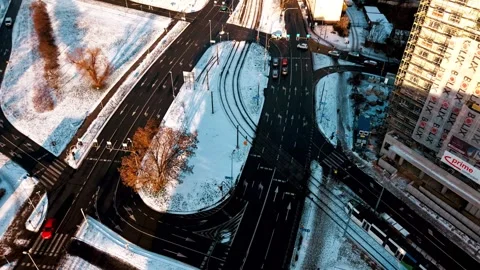 Drone timelapse of busy Szczecin intersection in winter Stock Footage 326234160