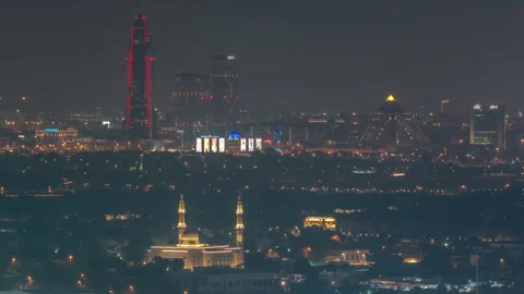 Drone timelapse Illuminated city mosque night Deira perspective Stock Footage 337945856