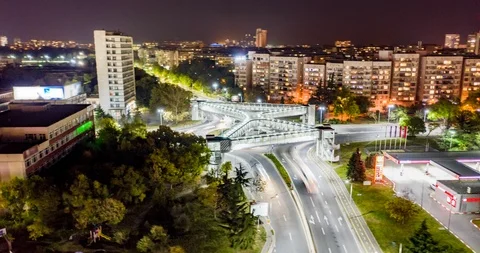 Drone Timelapse Over Urban Intersection Night Traffic Technology Progress Urban Stock Footage 97699163