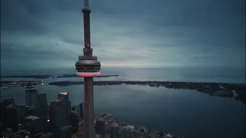 Drone Timelapse of Toronto CN Tower, Day, With Ontario Lake, Financial District Stock Footage 266754581