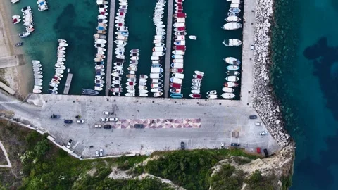 Drone Top Down Aerial View of Marina Harbor with Boats and Parking Lot Stock-Footage 337588494