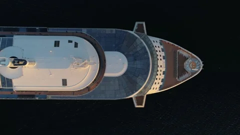 Drone top down deck cruise ship tourist liner floats on high seas World trip 4k  Video stock 145312949
