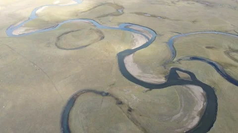 Drone Top Down Flight Over Meandering River Hulunbuir Grassland Stock Footage 331420118