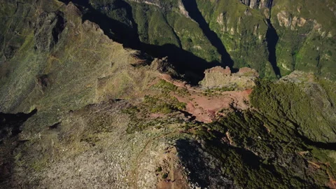 Drone top-down nadir flyover of Pico Ruivo slopes and textures, Madeira Stock Footage 328640663