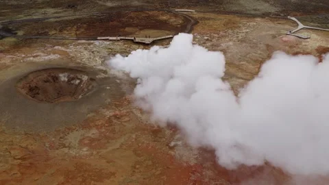 Drone top-down parallax over Gunnuhver geothermal steam vents and mud pools in Stock-Footage 342734196