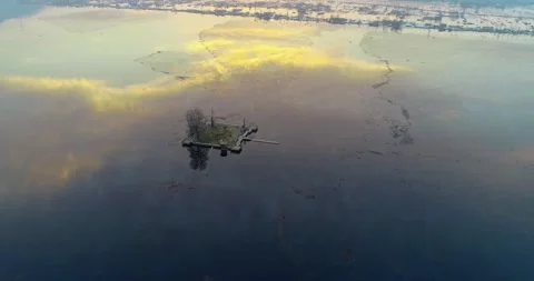 Drone top down shot of Char Chinar trees on island surrounded by glowing Dal Stock Footage 310657142