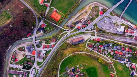 Drone top down town roads and houses Видео 332421667