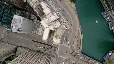 Drone top down view of Chicago city center, capturing skyscrapers and river. Stock Footage 312342561