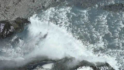 Drone top-down view of Dettifoss Waterfall, Iceland - Downstream tracking Stockbeeldmateriaal 138010964