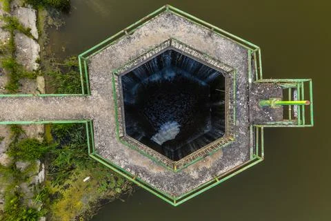 Drone top down view of lake reservoir old spillway Stock Photos