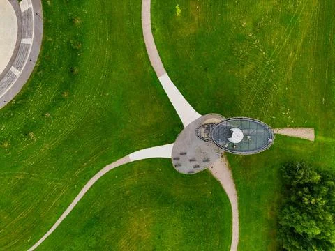 Drone Top Down View of Modern Observation Tower Stock Photos