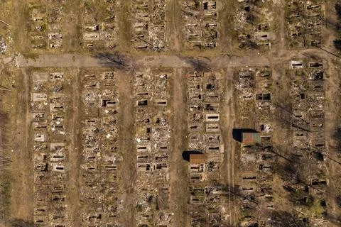 Drone top down view of old suburban car garages remains Stock Photos