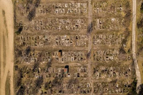 Drone top down view of old suburban car garages remains Stock Photos