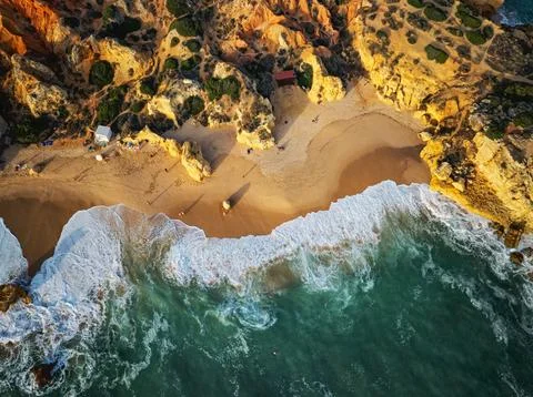 Drone Top Down View of Praia de Sao Rafael Waves Stock Photos