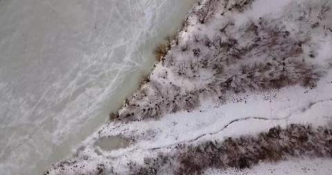 Drone Top Down View of River on Outskirts of Gomel Belarus and Ice Fisher Видео 96478109