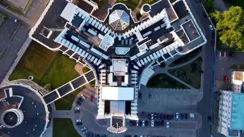 Drone top down view of soviet building ascending. Stock Footage 170375083