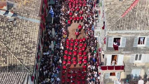 Drone Top Down View of Traditional Easter Marching Band and Crowds in Historic Stock Footage 333794200