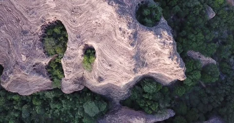 Drone Top-downMassive Sandstone Cliffs and Caatinga Valley, Serra da Capivara Stock Footage 321906022