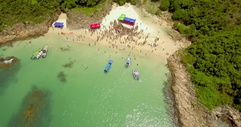 Drone top shot beach party on a remote island in Hong Kong Sai Kung V1-0025 Stock Footage 149474655