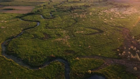 Drone Top Shot Of Meandering River in Early Autumn Stock Footage 161032953