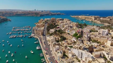 Drone top view of cities, marina, boats, yachts, sea, road. Malta Stock Footage 278053558