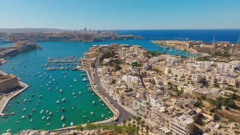 Drone top view of cities, marina, boats, yachts, sea, road. Malta island Stock Footage 278053560