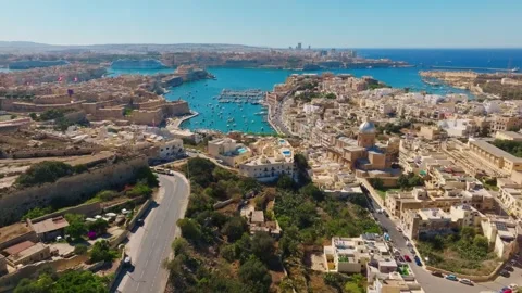 Drone top view of cities, marina, boats, yachts, sea, road. Malta Stock Footage 278053752
