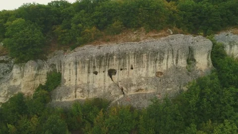 Drone top view Hankrumovski Rock-monastery (Shumen plateau, Bulgaria) Stockbeeldmateriaal 167722299