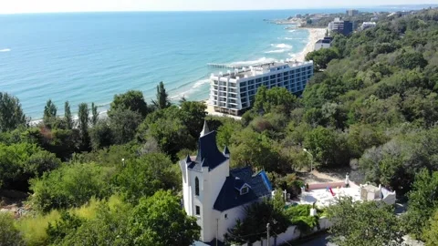 Drone top view of hotels and sea in Bulgaria, near Golden Sands 動画素材 276181592