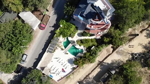 Drone top view of hotels and sea in Bulgaria, near Golden Sands Stock Footage 276181599