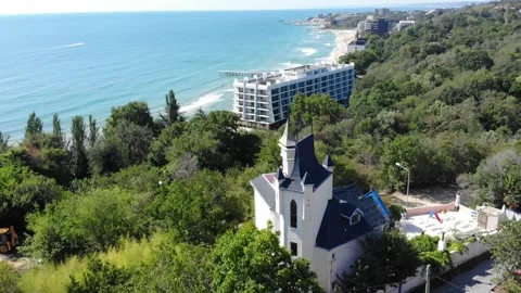 Drone top view of hotels and sea in Bulgaria, near Golden Sands Stock Footage 276181604