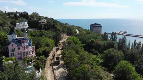 Drone top view of hotels and sea in Bulgaria, near Golden Sands Stock Footage 276181633