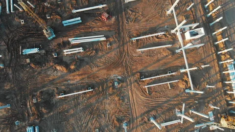 Drone top view of new modern construction site. Heavy machinery industrial Stock Footage 163226002