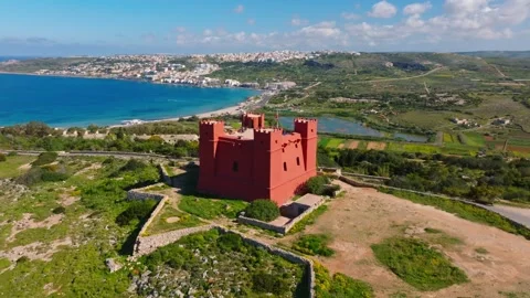 Drone top view of Red tower on Maltese island Stock Footage 305883433