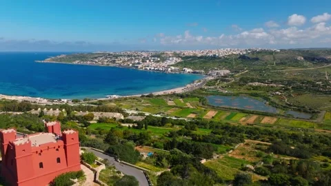 Drone top view of Red tower on Malta island Stock Footage 305883475