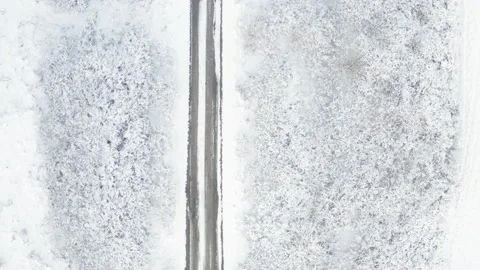 Drone top view of a road between snow-covered vegetation Stock Footage 169384842