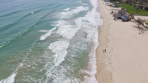 Drone top view of sea waves and sandy beach shoreline Stock Footage 332939223