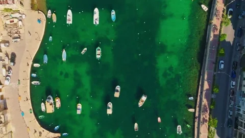 Drone top view of St. Julian's marina. Yachts, boats. Malta island Stock Footage 277929306