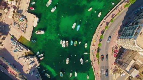 Drone top view of St. Julian's city. Yachts, boats, marina. Maltese island Stock Footage 277929406