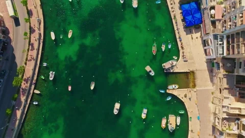 Drone top view of St. Julian's city. Yachts, boats, marina. Malta island Stock Footage 277929436