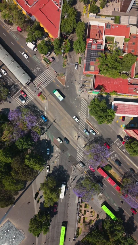 Drone top view of urban intersection in San Ángel along Insurgentes Stock Footage 334579948