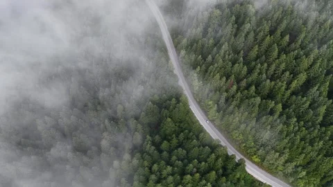 Drone top view of vehicle moving along road partially covered by clouds and f Video stock 316228593