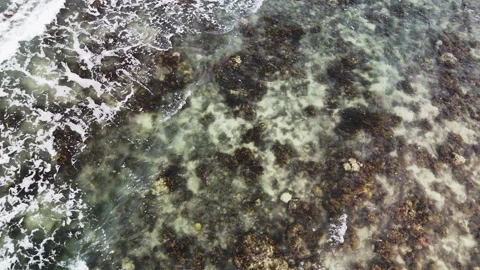 Drone Top View of Waves Washing Over Shallow Coral Reef Stock Footage 340970629