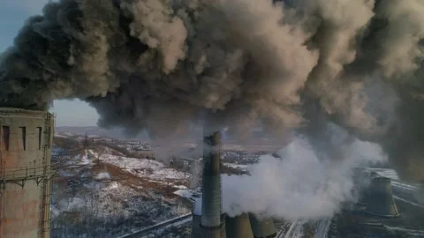 Drone toxic enterprise chimneys tubing black smoke Factory pollutes environment  Stock Footage
