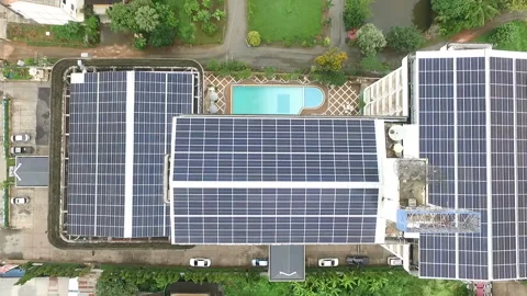 Drone track right Solar cell on building Stock Footage 139901951