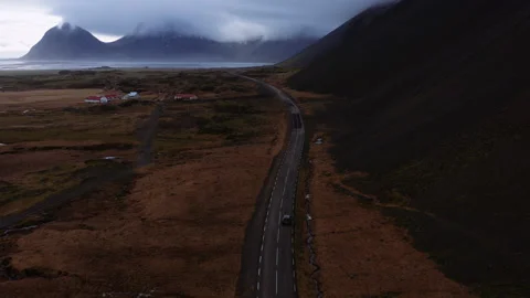 Drone Tracking Car On Road Towards Vestrahorn Stock Footage 178273150