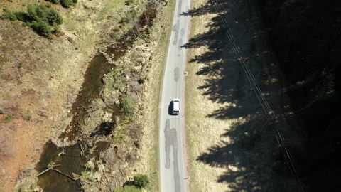Drone tracking car on winding forest road, aerial travel shot Video stock 333175654